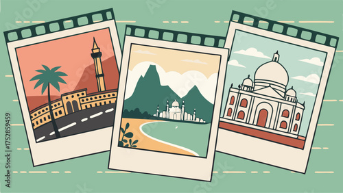 Retro Illustrated Travel Photos of Global Landmarks for Vacation Planning Tourism Marketing and Adventure Dreams