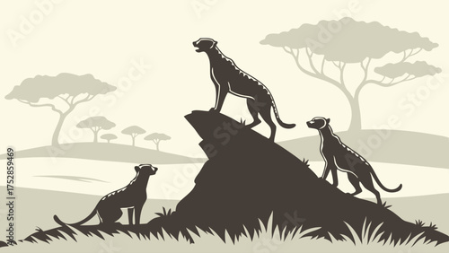 Cheetahs on Rock in African Savanna. Vigilant Leadership, Strength, Wildlife Conservation, Safari Travel, Nature Education.