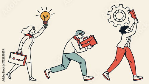 Business Team Progressing from Idea to Execution Carrying Lightbulb and Gear Dynamic Innovation Process Development