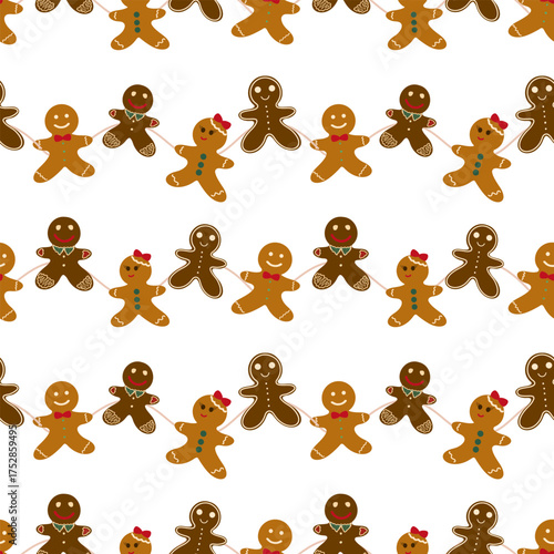 Cheerful, cozy seamless vector pattern featuring horizontal rows of gingerbread men and women holding hands in a garland style, perfect for holiday baking paper or children's textile design.