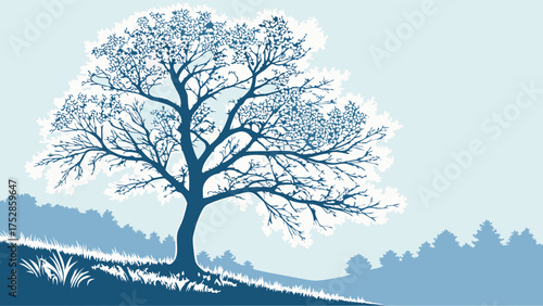 Minimalist Frosty Winter Landscape with Bare Tree Vector Illustration Serene Blue Nature Background Design Tranquil Cold Season Graphic