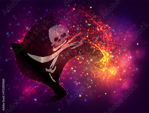 Pirate, vector 3d flag with a splash of paint dots, explosion of colored dots