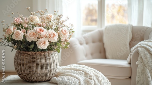 Elegant Basket of Pink Roses in a Bright Living Room.