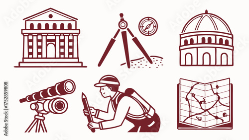 Surveying Architecture Astronomy Engineering Cartography Icons Set. Precision Instruments for Scientific Research, Urban Planning, and Geographic Mapping.