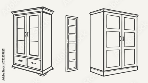 Line Art Furniture Elements Wardrobes and Door Vector Outline for Interior Design Home Renovation Storage Solutions and Web Design Icons