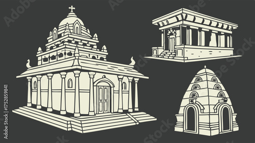 Monochrome Vector Illustrations of Ancient Temples and Historical Architectural Structures for Educational Content Travel Guides and Cultural Design
