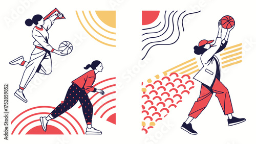 Dynamic Female Basketball Players Dribbling and Shooting Modern Illustration for Sports Marketing Fitness and Active Lifestyle