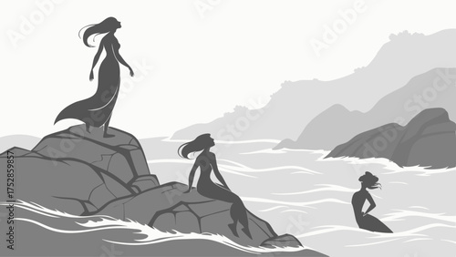 Enchanting Mermaid Silhouettes on Rocky Ocean Coastline. Fantasy Illustration for Storytelling, Web Design, and Mythical Themes.