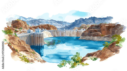 Hoover Dam. Hoover Dam hand drawn watercolor illustration