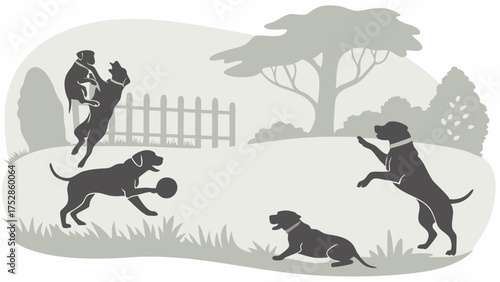 Joyful Dogs Playing and Training with a Pet Owner in an Outdoor Park. Active Canine Companionship, Pet Care Services, and Lifestyle Illustration.