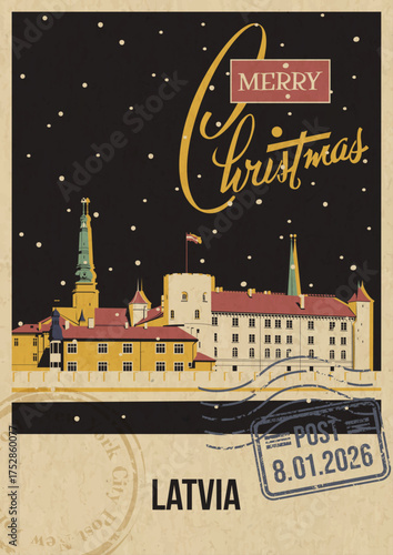 Merry Christmas Latvia Tourist Attraction Greeting Card, Riga Castle Illustration. Vector Template Retro Style Postcard. Postal Imprint, Aged Paper Texture, Snow