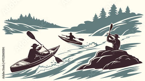 Adventurous Kayakers Paddling Down River Rapids in Scenic Nature Landscape Illustration for Outdoor Sports Travel and Recreation