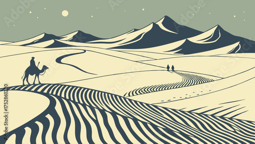 Desert Journey Illustration with Camel Rider and Travelers on Vast Sand Dunes. Adventure, Exploration, Perseverance for Travel, Tourism, Web Design, Business Challenges