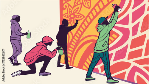 Diverse Youth Spray Painting Vibrant Urban Mural. Creative Collaboration for Community Art and Expression.