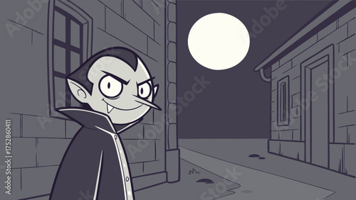 Mischievous Cartoon Vampire Grinning in Dark Alley Under Full Moon Night for Halloween Spooky Fun and Kids Entertainment