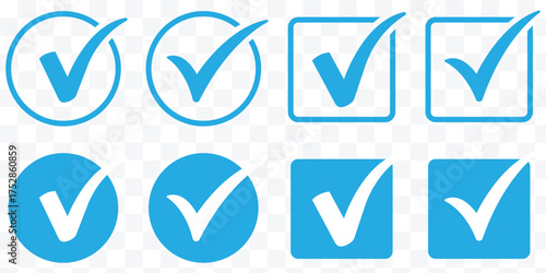 Check box icon with correct, accept checkmark icons tick box checked. Blue check mark vector icon set. approved, success icon, correct sign, done icon.