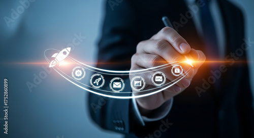Navigating the Future: A person in a suit uses a digital pen to visualize a rocket taking off, symbolizing the beginning of innovation. with related digital icons representing the tools of the trade.