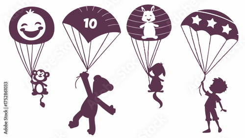 Cute Animals and Boy Silhouettes Parachuting. Fun Kids Education, Game Design, App Icons, Playful Adventure.