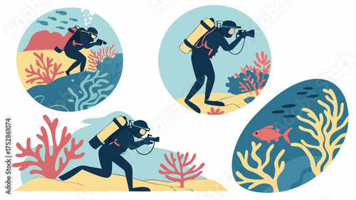 Underwater Scuba Divers Exploring and Photographing Vibrant Coral Reefs. Marine Life, Ocean Conservation, Eco-Tourism.