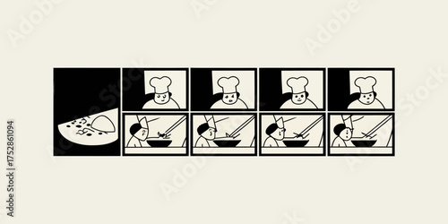 A sequence showing a chef preparing food with chopsticks and a bowl in a minimalist black and white style | editable eps vectors silhouette