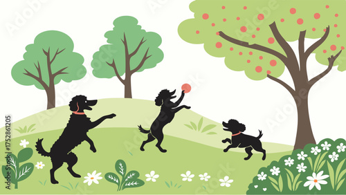 Happy Black Dogs and Puppy Playing with Ball in Green Park. Pet Care, Family Fun, Outdoor Recreation, Spring Summer