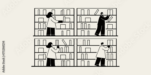 People in a library putting books on shelves in black and white illustration with simple line art style | editable eps vectors silhouette