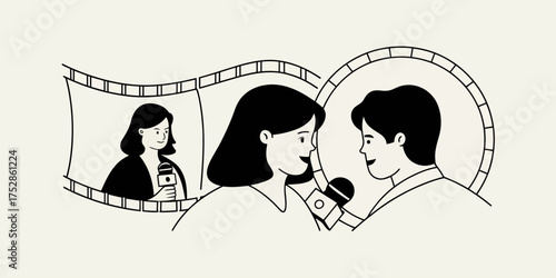 Two people are interviewing with a microphone in front of a film reel and film strip backdrop | editable eps vectors silhouette