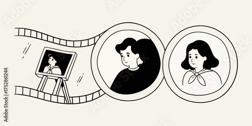 Illustration of a film strip with portraits of people and a painting on an easel displayed | editable eps vectors silhouette