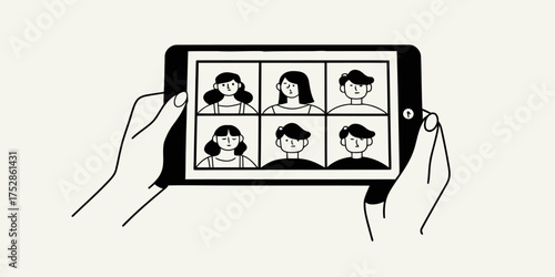Hands holding tablet displaying six people in a video conference call in a minimalist black and white style | editable eps vectors silhouette