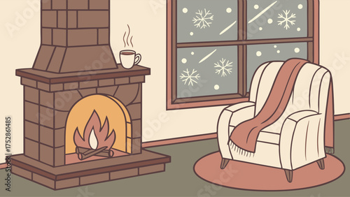 Cozy Winter Home Living Room Fireplace Armchair Hot Drink Snowy Window Hygge Relaxation Illustration