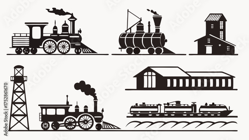 Vintage Steam Locomotives Railway Station and Water Tower Silhouettes for Classic Transport and Historical Design