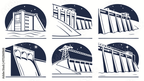 Hydroelectric Dam Power Plant Icons. Renewable Energy Infrastructure for Sustainable Electricity Generation and Clean Power.
