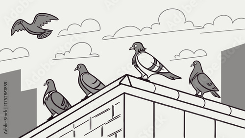 Urban Pigeons on Rooftop One Flying Away City Wildlife Freedom and New Beginnings Illustration