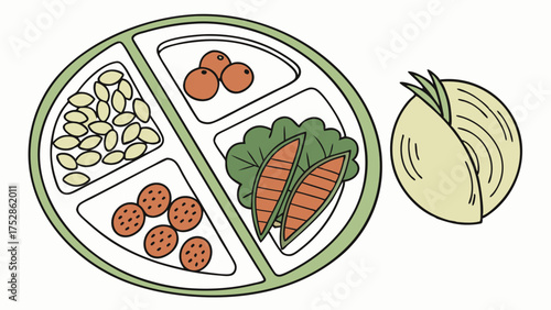 Healthy Balanced Meal Illustration Portion Control Plate Fresh Vegetables Onion Diet Nutrition