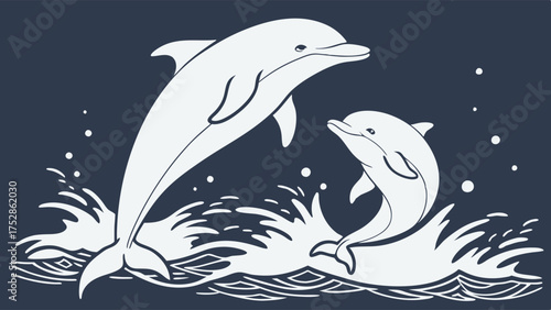Playful Mother and Baby Dolphins Leaping, Dynamic Marine Life Illustration for Kids, Education, Travel, and Eco Design