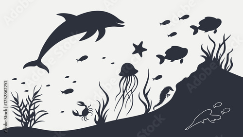 Underwater Marine Life Silhouette Vector Ocean Animals Dolphin Fish Jellyfish Crab Kids Education Nature Design