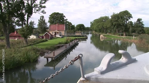 Tour Boat Approaching Sörby Lock House on Göta Canal, Sweden