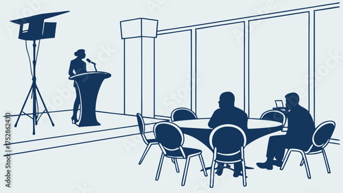 Professional Woman Presenting at Business Conference. Attendees Discussing and Collaborating. Corporate Event Illustration.
