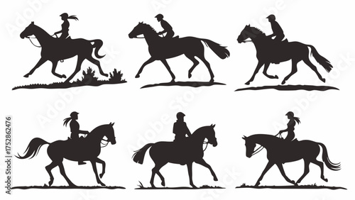 Dynamic Equestrian Horse Riding Silhouettes Set Galloping Trotting Riders Outdoor Sport Activity Lifestyle