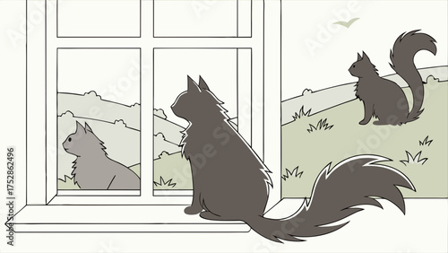 Curious Pet Cats Observing Squirrel from Window Sill Peaceful Home Scene Illustration