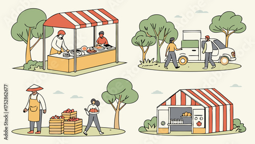 Farmers Market Collection: Vendors Selling Fresh Produce, Customers Buying Organic Food, Small Business Food Delivery