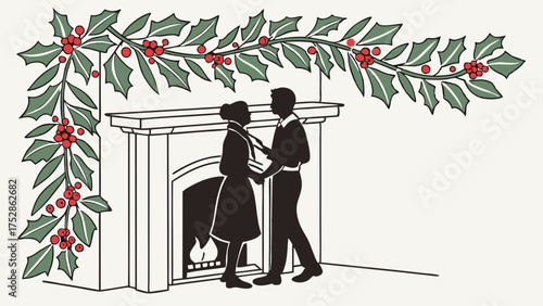 Christmas Holiday Couple Holding Hands by Fireplace with Holly Garland. Festive Winter Romance Greeting Card.