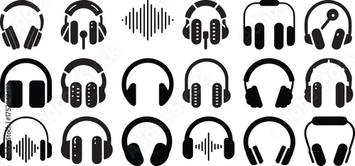 Collection of diverse headphone icons and sound wave graphic