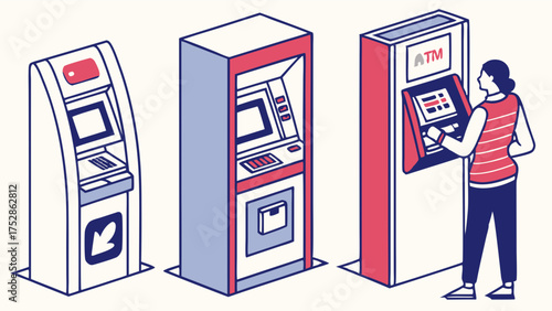 Person Using ATM Self Service Kiosk for Digital Banking and Financial Transactions. Modern Fintech and Automated Retail Payment