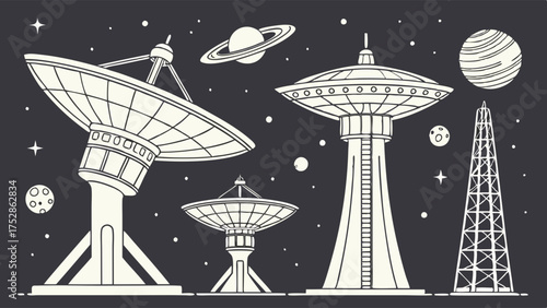 Futuristic Space Communication Technology Illustration for Science and Astronomy Research Data Transmission and Global Network