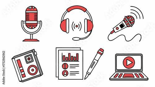 Podcast and Audio Recording Tools for Digital Content Creation. Professional Microphones, Headphones, Laptop, Report.