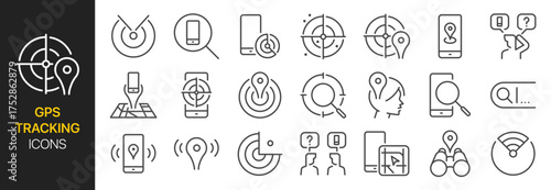 GPS Tracking icon set. It included find, my phone, location, signal, search and more icons. Editable Vector Stroke.