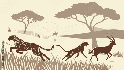 Dynamic Cheetahs Chasing Gazelle on African Savanna. Business Competition, Speed, Agility, Market Strategy Illustration.