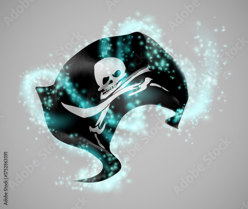 Pirate, vector 3d flag in whirlwind of magical radiance
