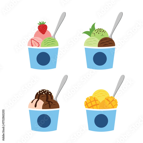 Four delicious cups of ice cream in various flavors and toppings are arranged in a grid.